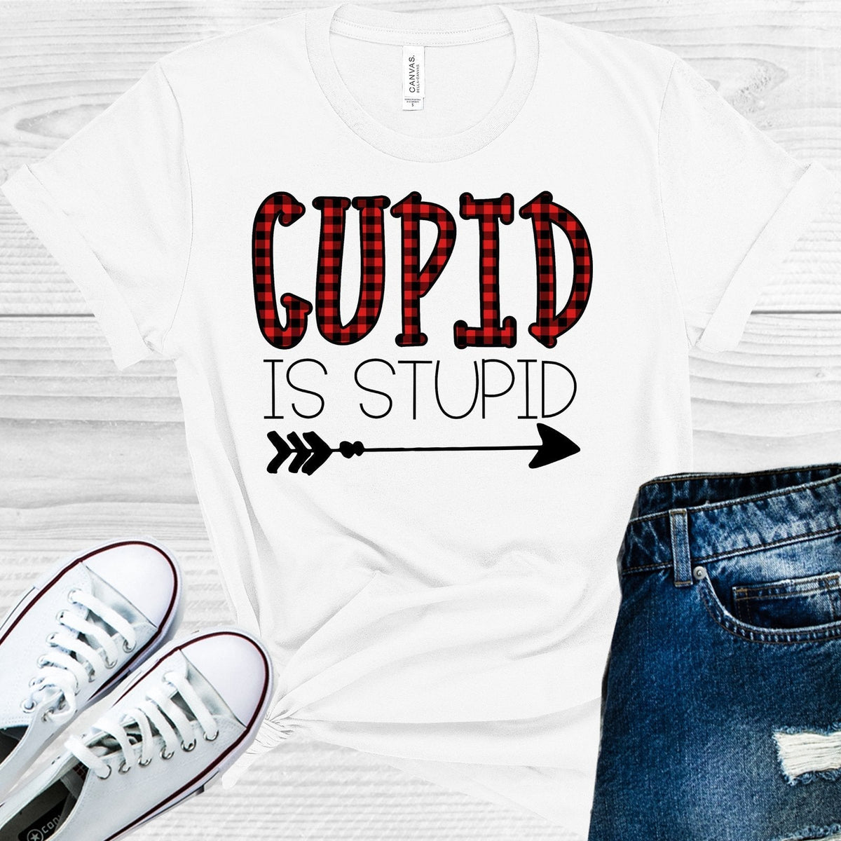 Cupid is Stupid Buffalo Plaid Valentine's Day Graphic Tee product image 1