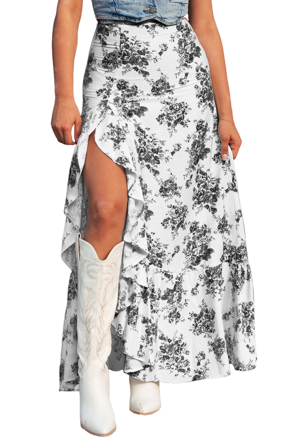 Black Boho Floral High Waist Ruffle Split Maxi Skirt