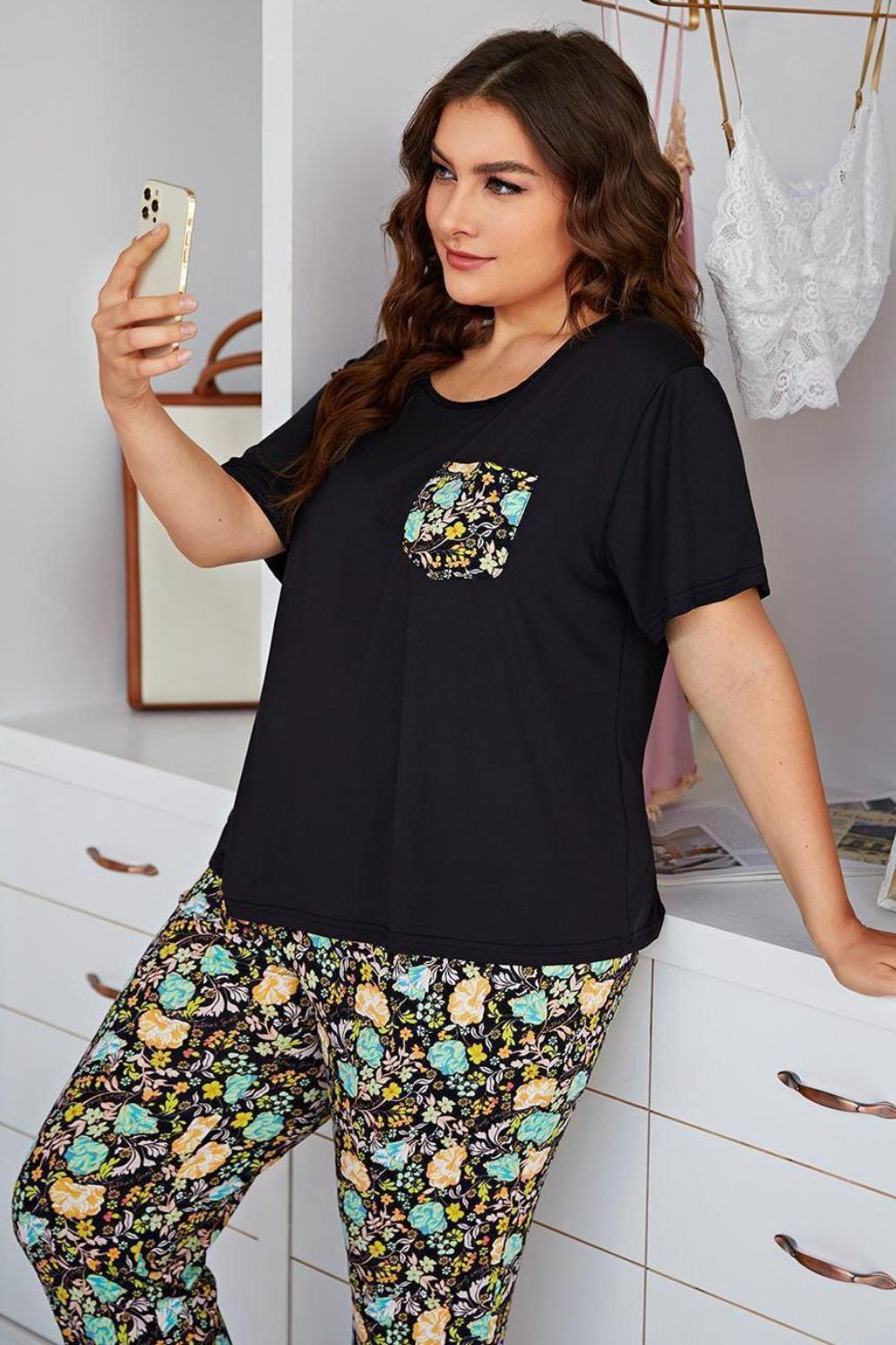 Plus Size Contrast Round Neck Tee and Floral Pants Lounge product image 7